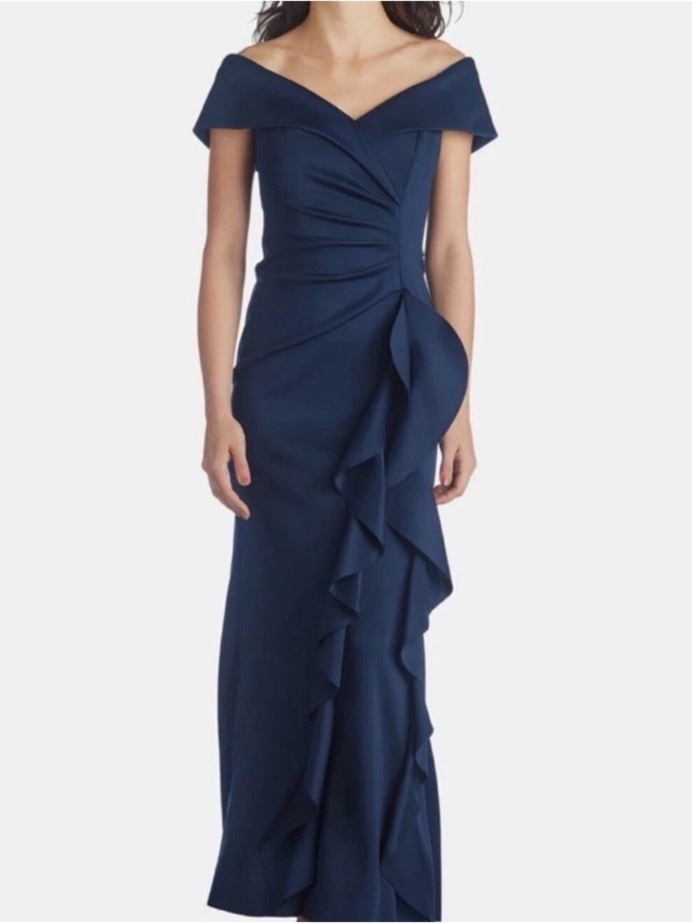 Xscape Navy Off-the-Shoulder Ruffle-Front Maxi Dress